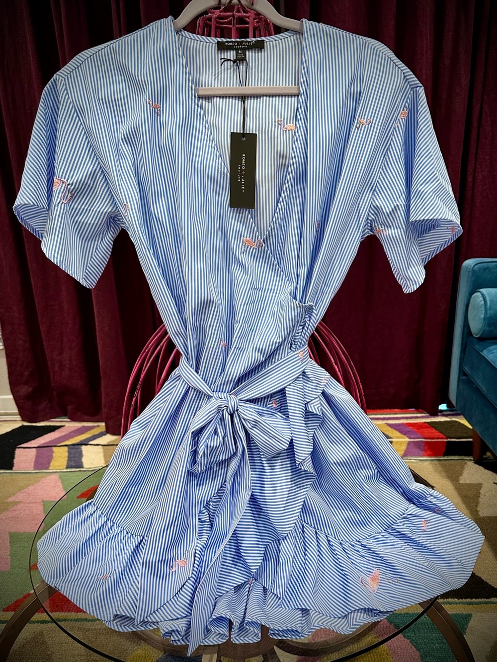 Romeo & Juliet Couture Blue and Pink Striped Wrap Mini Dress
